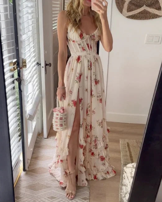 Vincena | Floral Print Strappy Split Maxi Dress