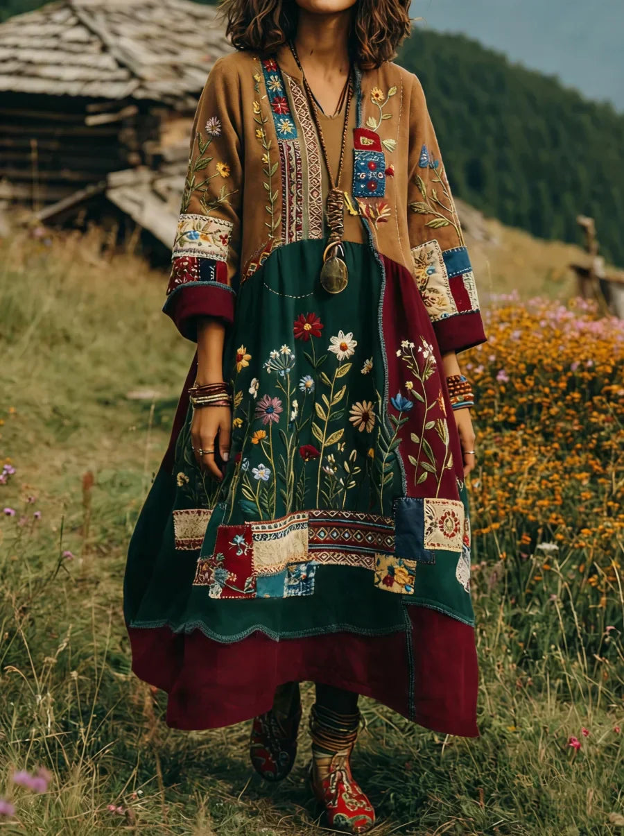 Eresha | Embroidered Boho Patchwork Midi Dress