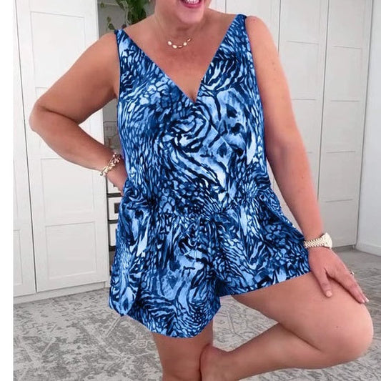 Evdoxia | Sleeveless Printed V-Neck Swim Romper