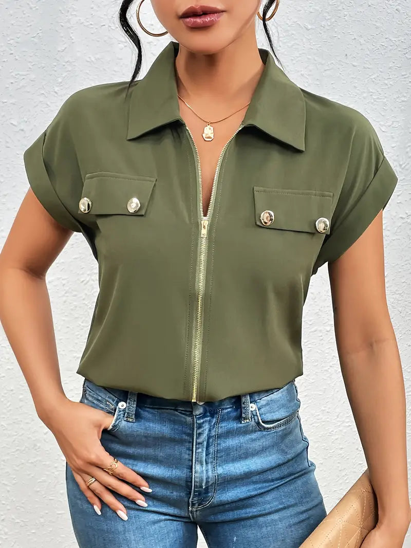 Alfano | Zip Front Collared Short Sleeve Blouse
