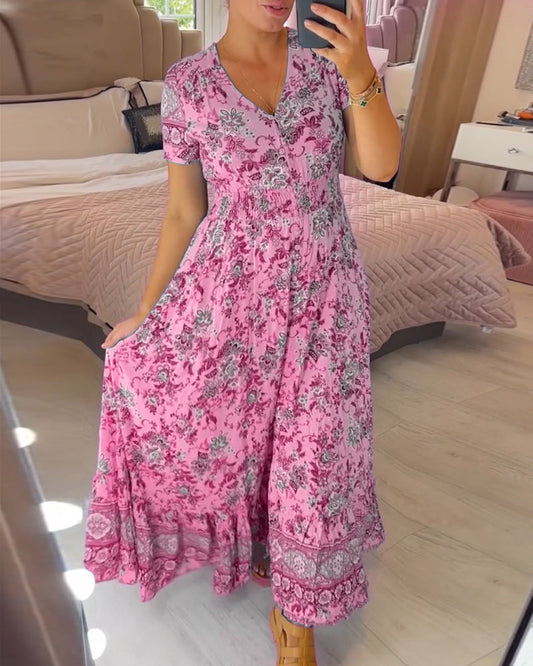 Wibia | Floral Print V-Neck Button Front Midi Dress With Short Sleeves