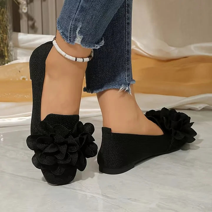 Catriona | Flower Knit Square Toe Ballet Flats