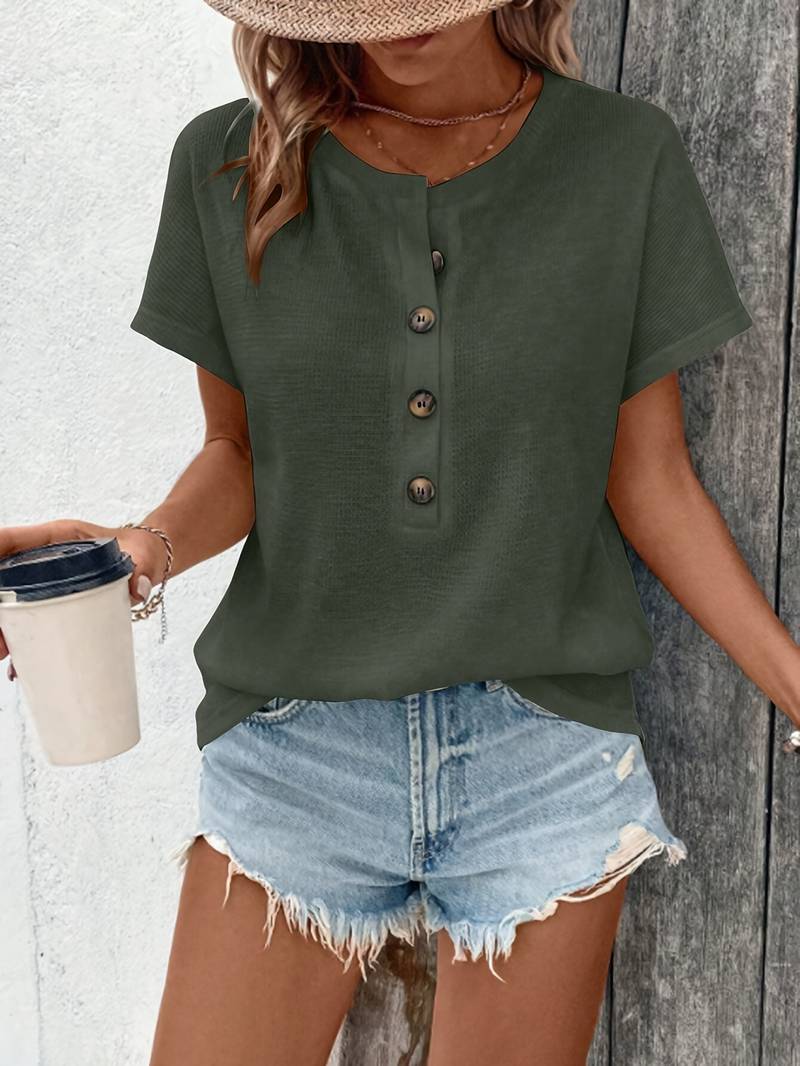 Marylou | Short Sleeve Crew Neck Button Top