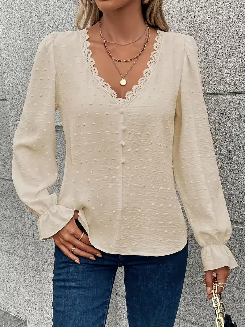 Rejina | Blouse with Lace-Trim V-Neck and Long Sleeves