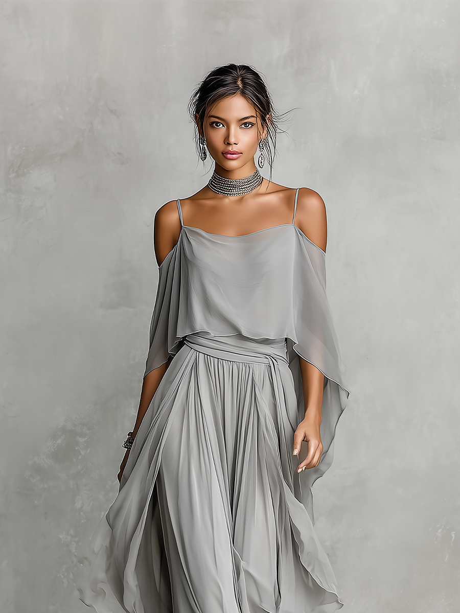 Roneeta | Grey Cold Shoulder Wide Leg Set