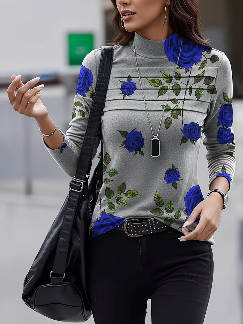 Gwenine | Floral Print Mock Neck Long Sleeve Top
