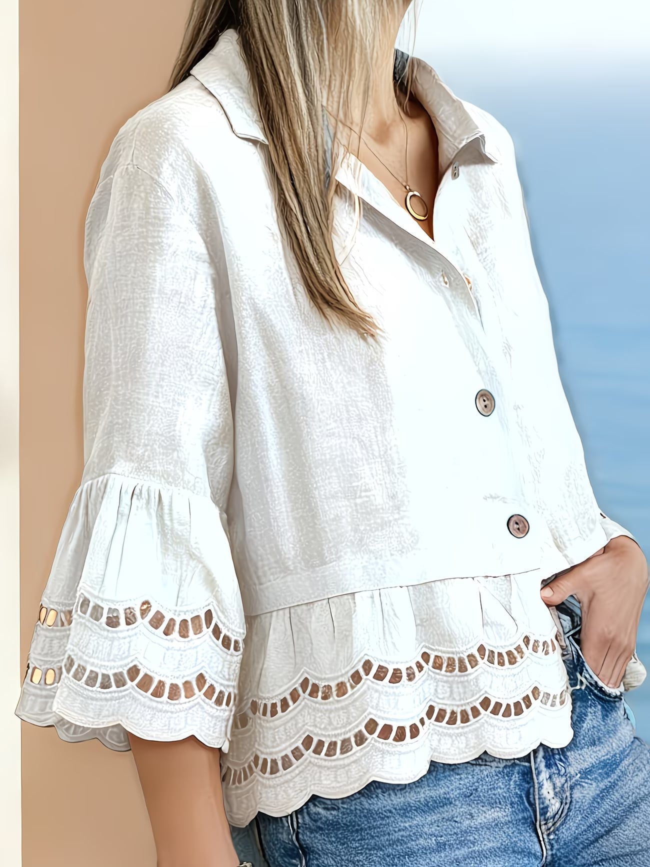 Solenn | Long Sleeve Lace Trim Button Blouse