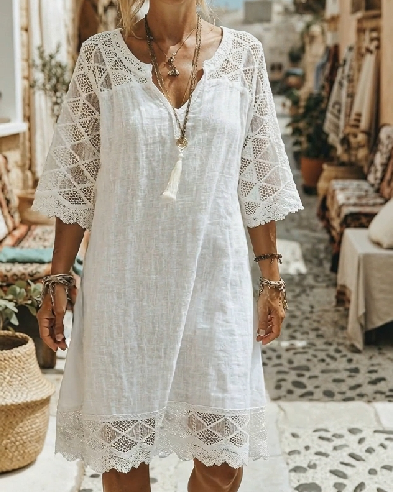 Kilina | V Neck Lace Trim Midi Dress