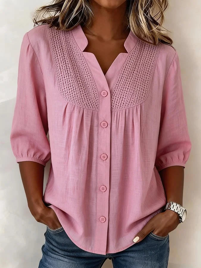 Laadina | Lace Trim Button-Up Linen Blouse