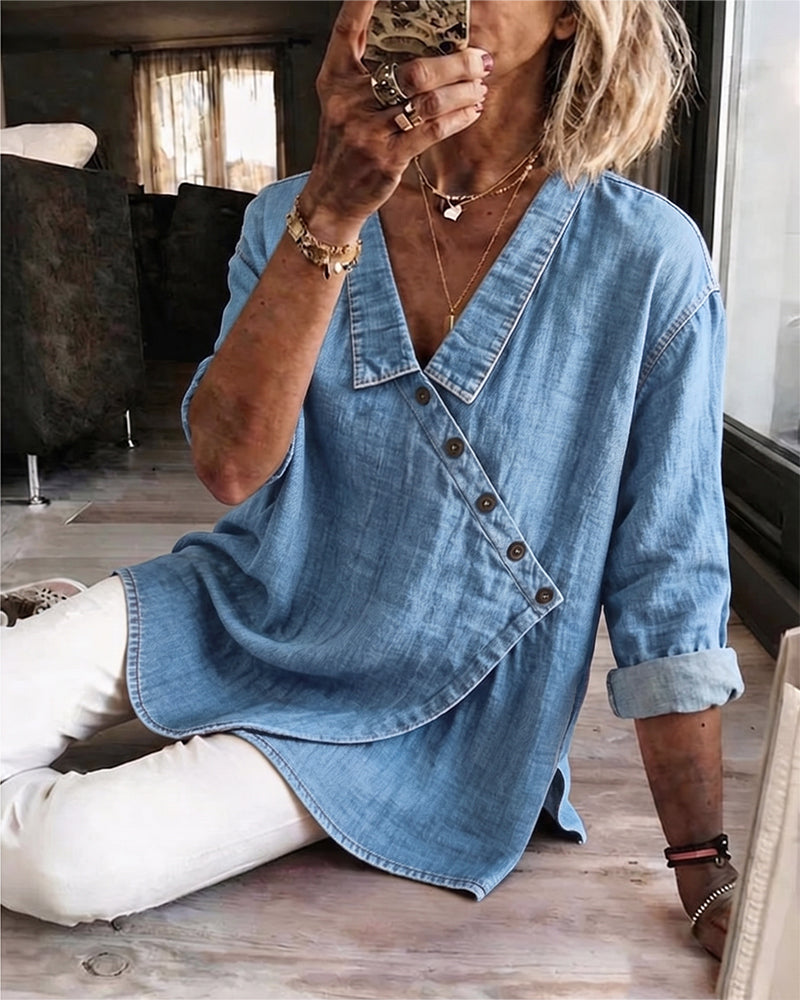 Olizia | Denim-Style Wrap Button Blouse