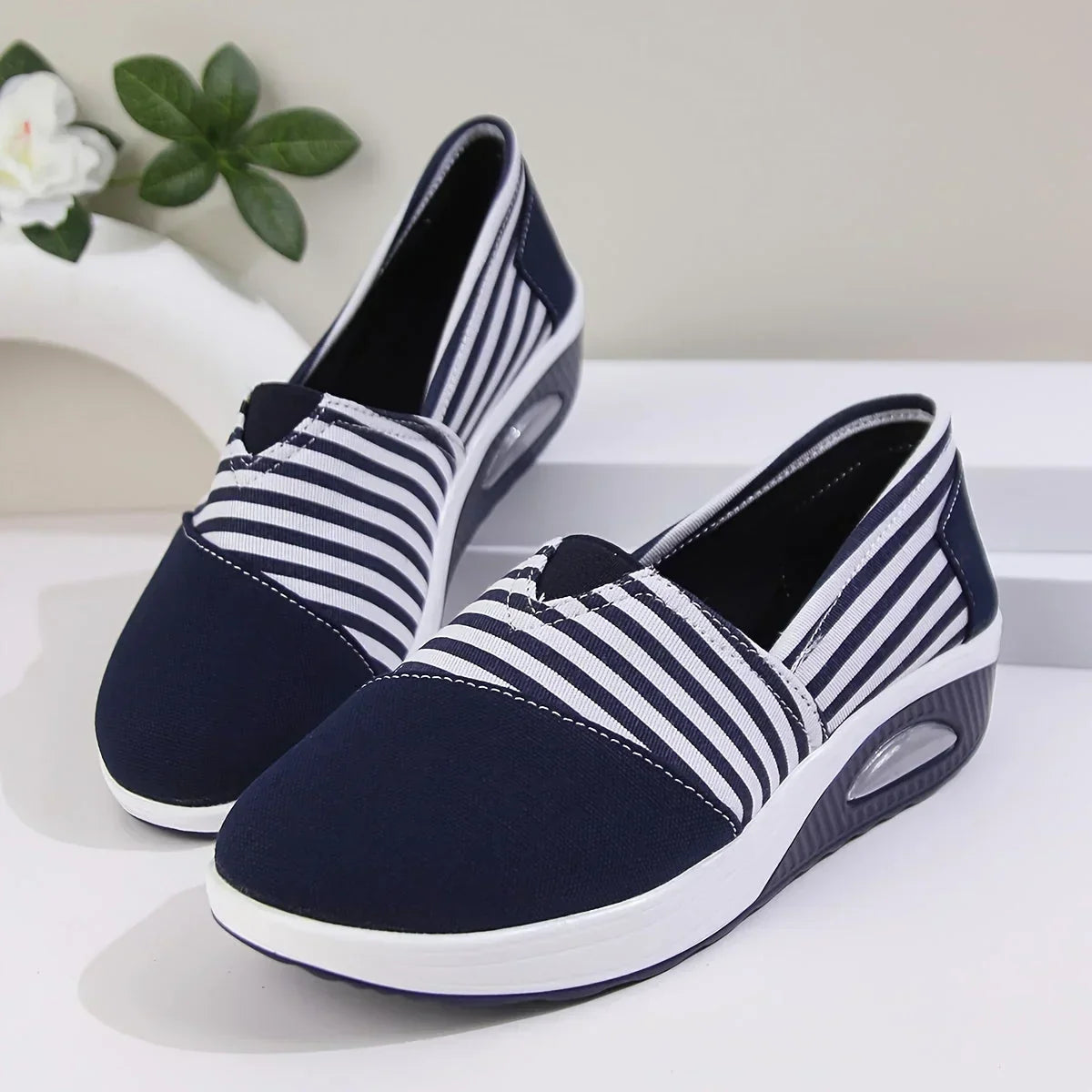 Tasha - Striped Slip On Wedge Trainers