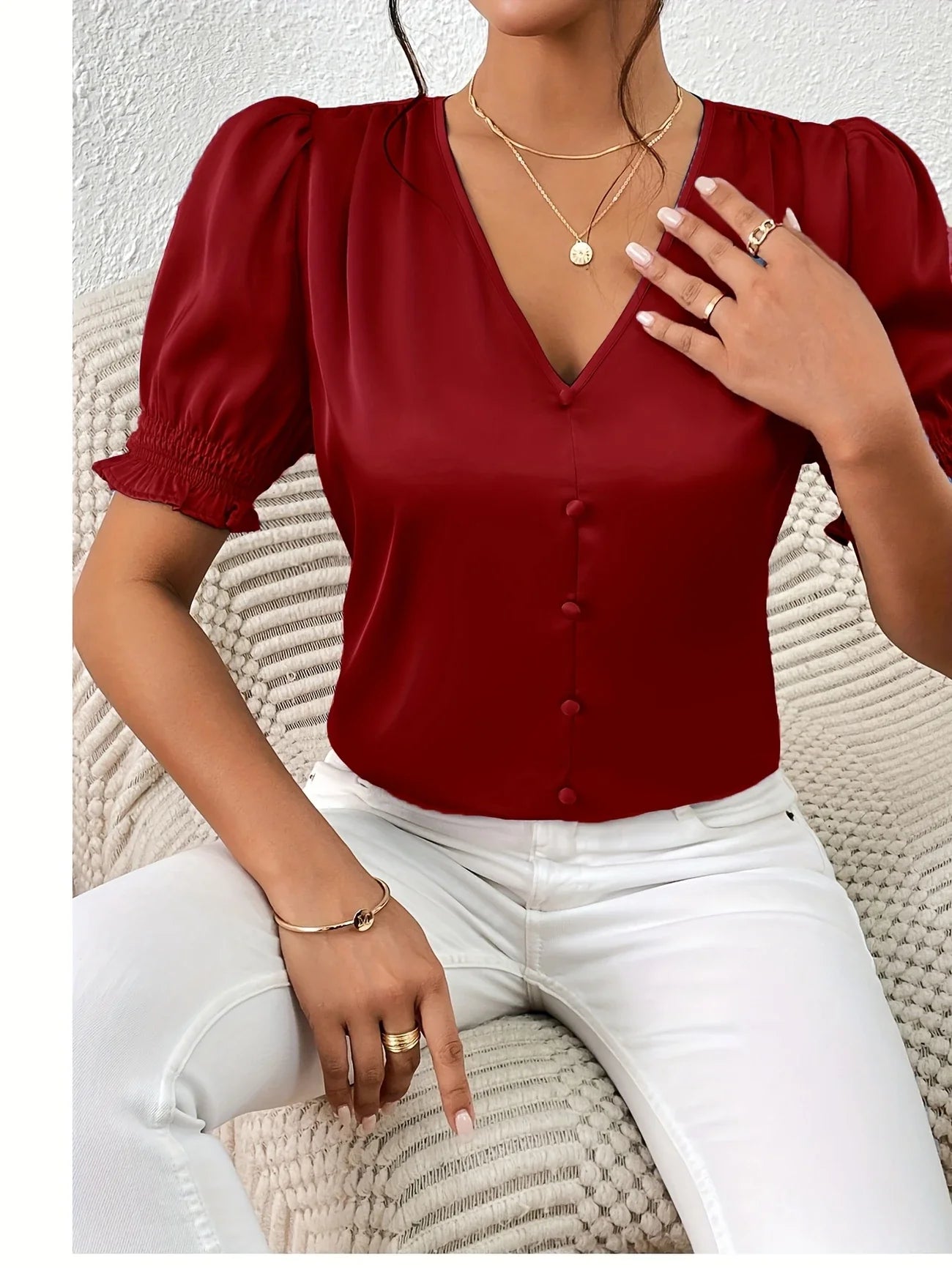 Abella | Puff Sleeve V-Neck Button Blouse