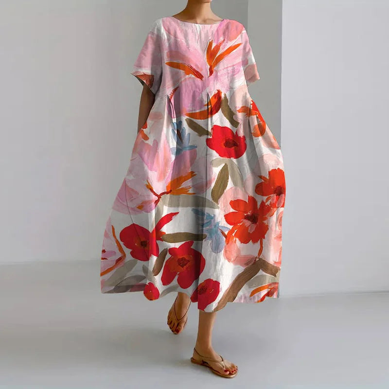 Lucasta | Floral Linen Short Sleeve Midi Dress