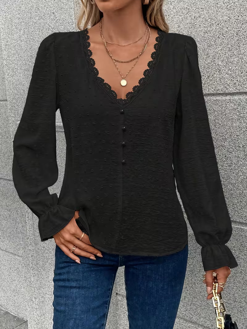 Rejina | Blouse with Lace-Trim V-Neck and Long Sleeves