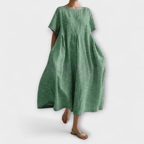 Nurhan | Checked Short Sleeve Midi Smock Dress