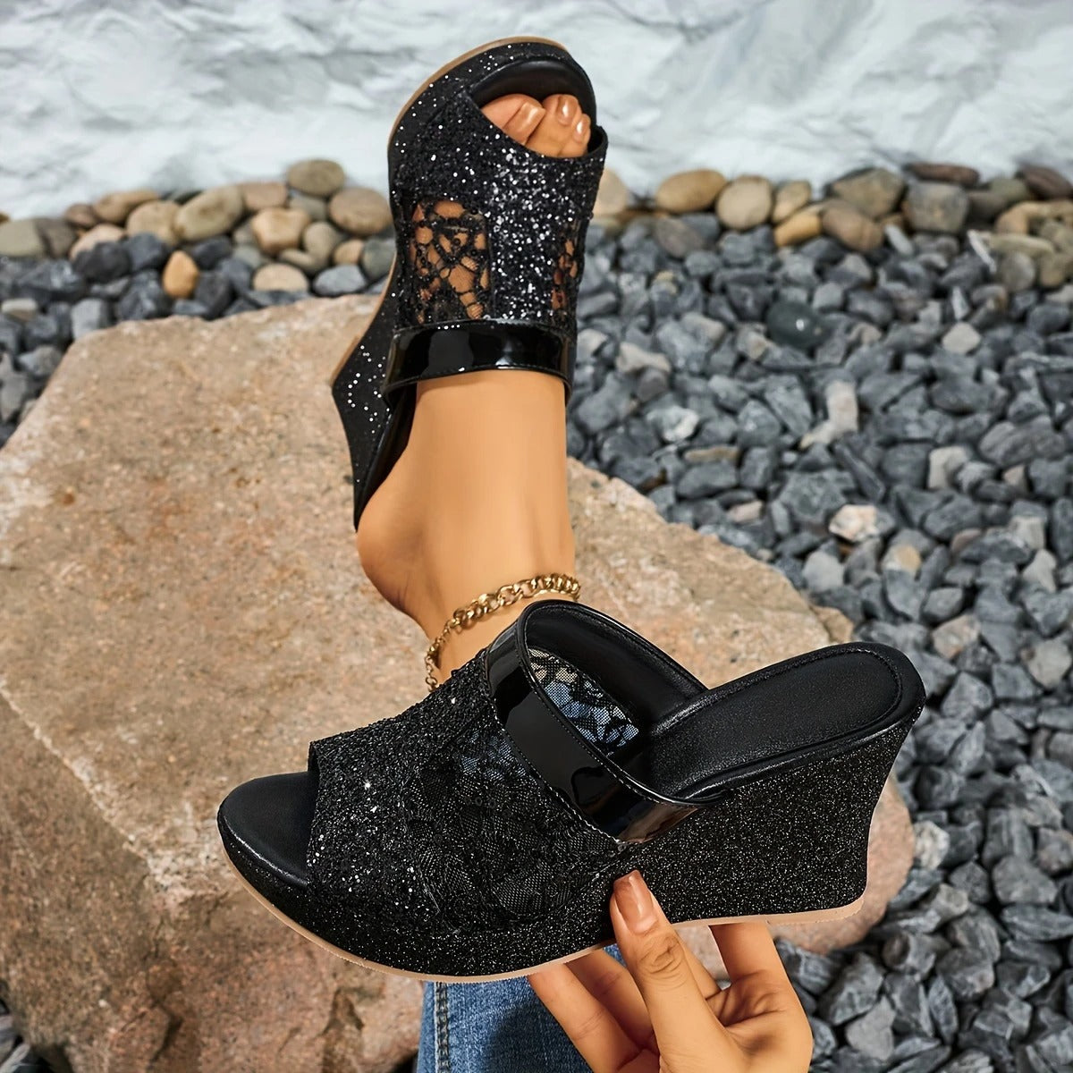 Alexis | Wedge Sandals With Lace Glitter Panel
