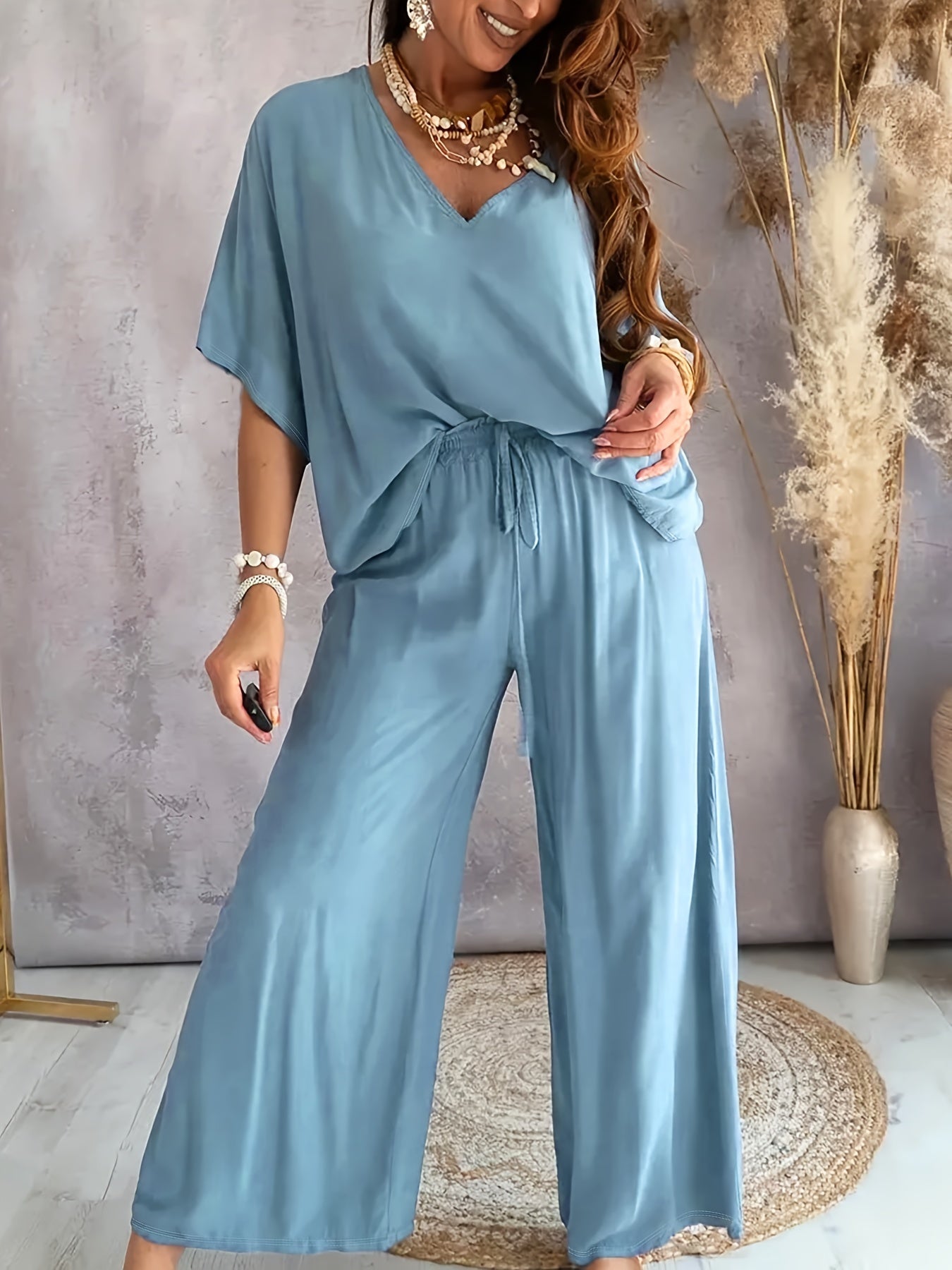Essime | V Neck Wide Leg Two-Piece Set
