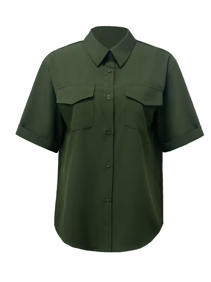 Ornilla | Short Sleeve Collared Pocket Blouse