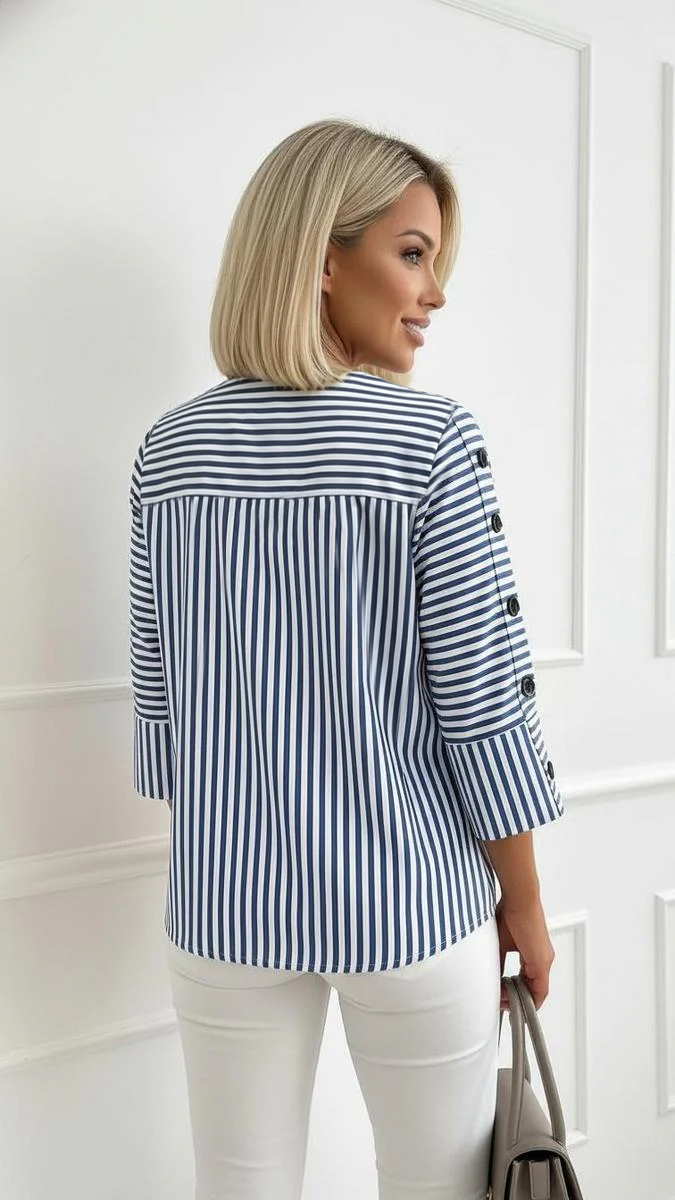 Eleesa | Button Sleeve Striped V-Neck Blouse