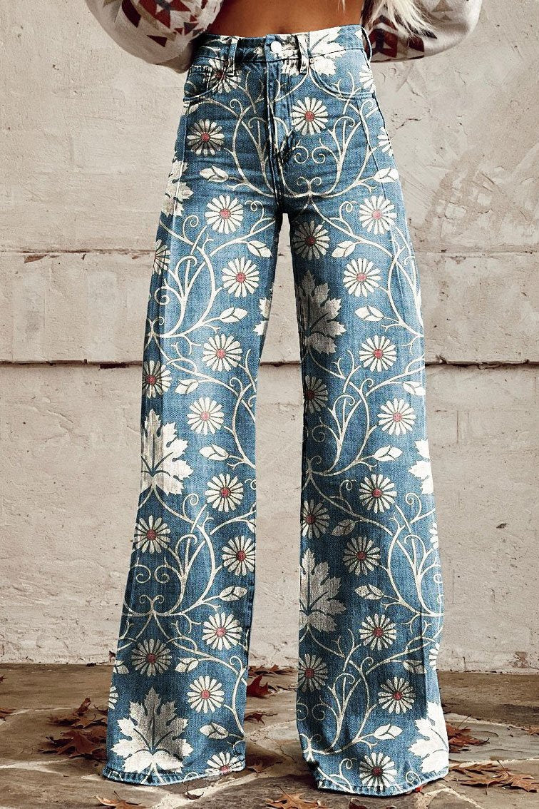 Mailin | Wide Leg Floral Denim Jeans
