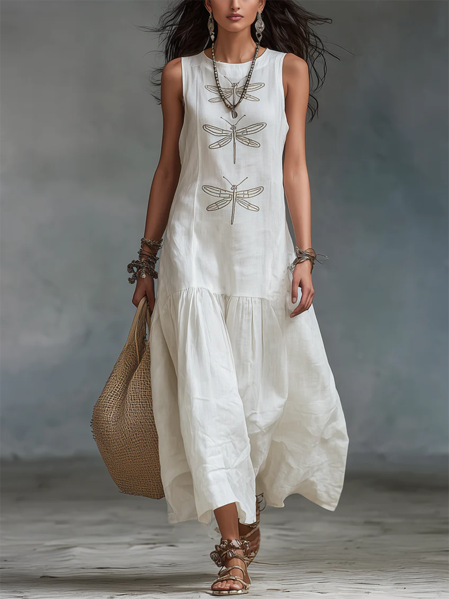 Kevina | Sleeveless Dragonfly Print Tiered Maxi Dress