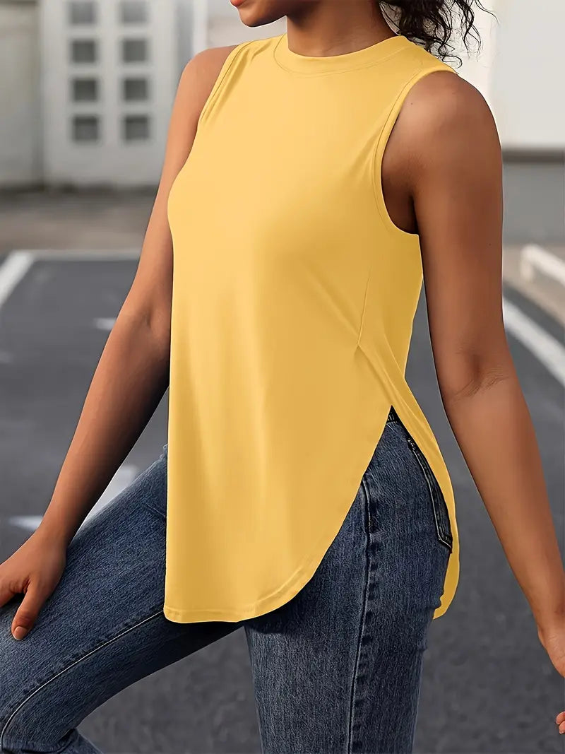 Desirae | Sleeveless Round Neck Curved Hem Top