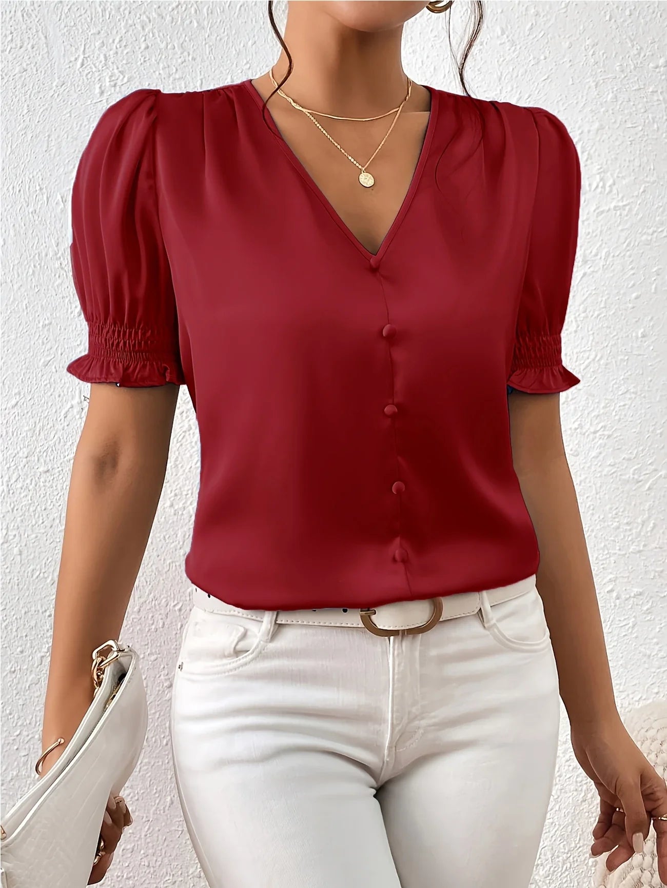 Abella | Puff Sleeve V-Neck Button Blouse