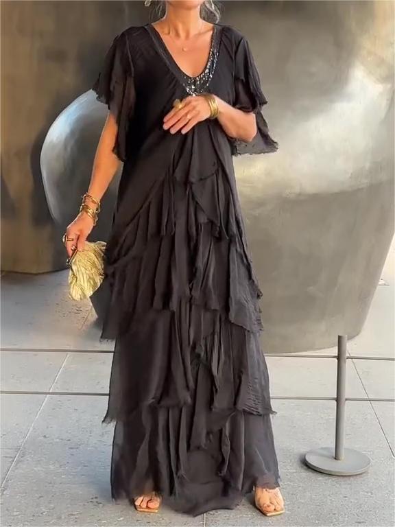 Carlijn | V-Neck Ruffle Maxi Dress Short Sleeve