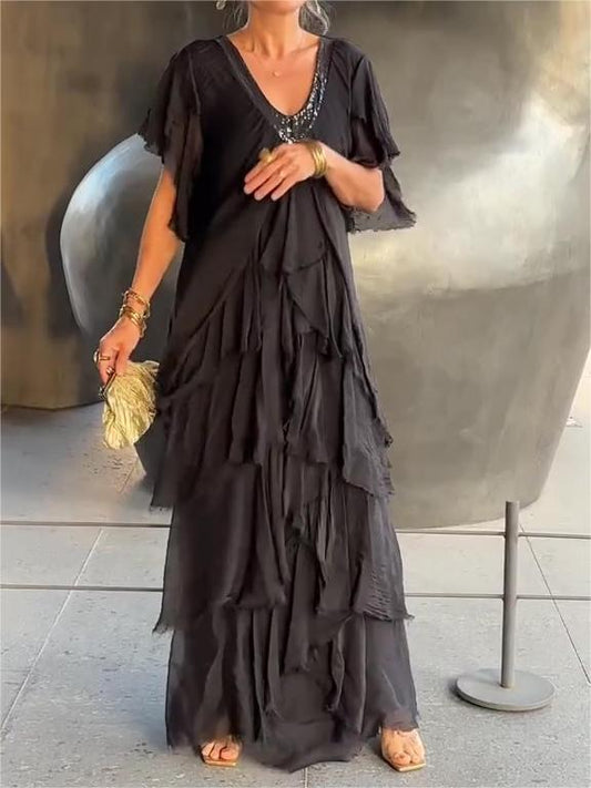 Carlijn | V-Neck Ruffle Maxi Dress Short Sleeve