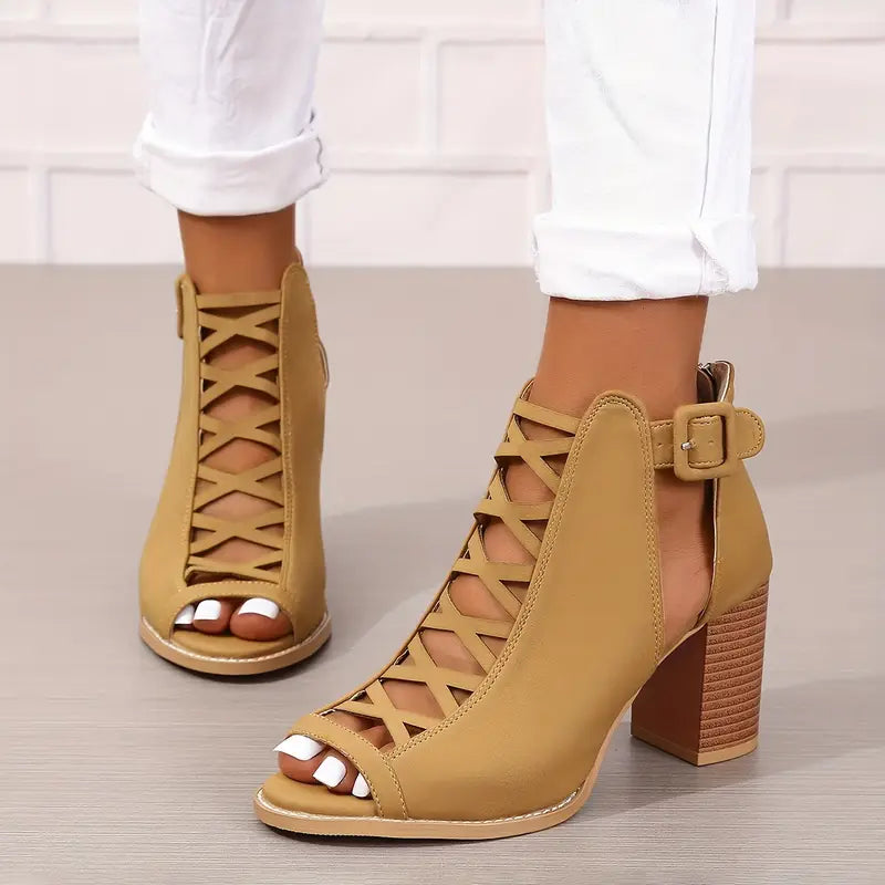 Ruzilya | Chunky Heel Peep Toe Lace-Up Sandals