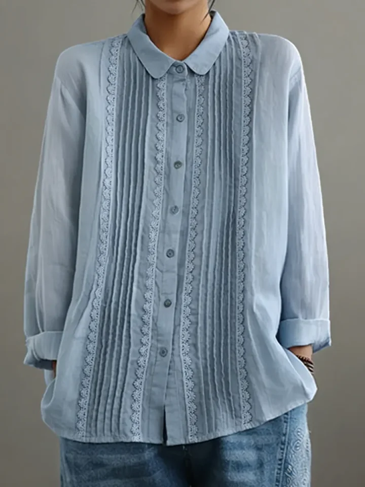 Tzurya | Long Sleeve Pleated Lace Panel Blouse