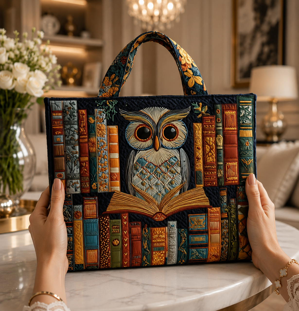 Tyliana | Quilted Owl Print Book Tote Bag
