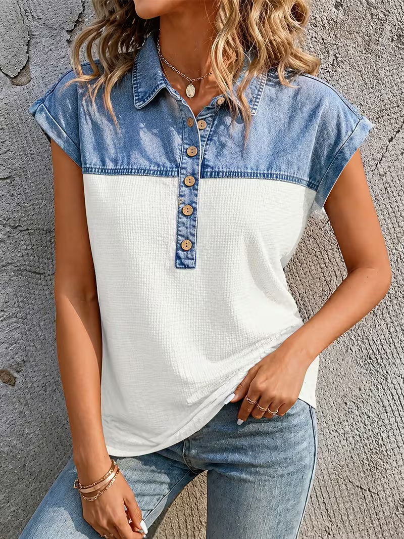 Haily | Cap Sleeve Button Front Collared Top