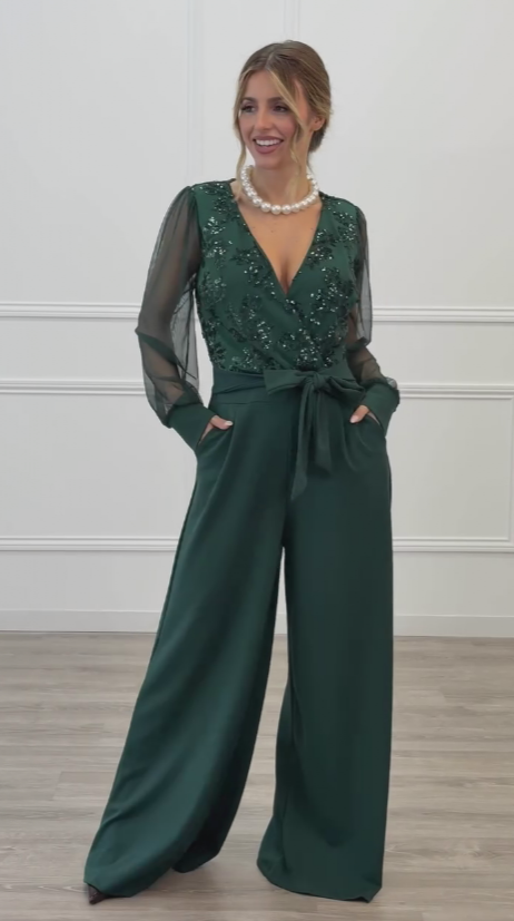 Meira - Mesh Sleeve Embellished Wide Leg Jumpsuit