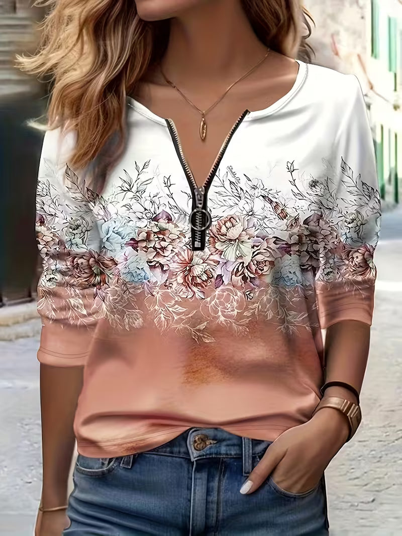 Saskette | Floral Print Top with Zip Neckline