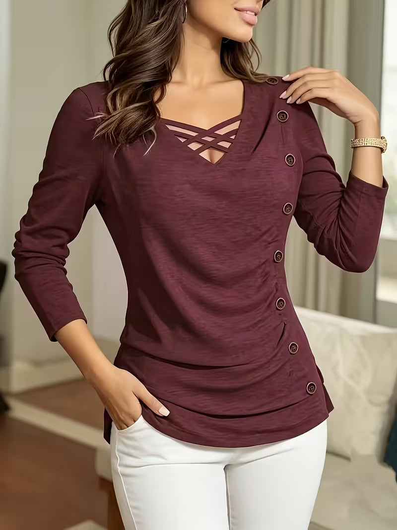 Keziana | Top V Neck Criss Cross Button Trim