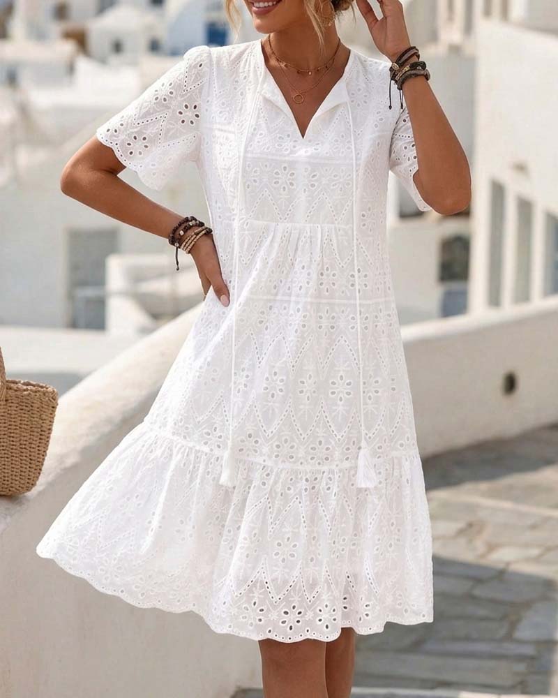 Aphinya | Eyelet Embroidered V-Neck Midi Dress