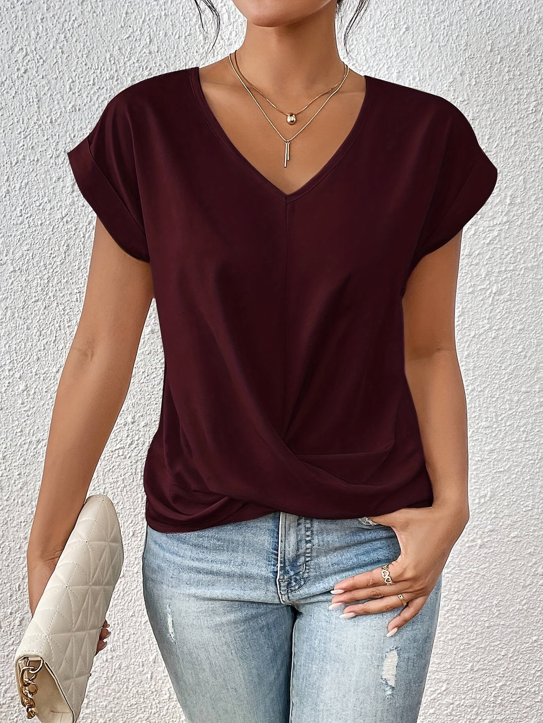 Tammana | Casual V-Neck Twist Front Short Sleeve Top