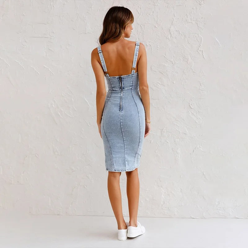 Janae | Denim Style Sleeveless Zip Midi Dress