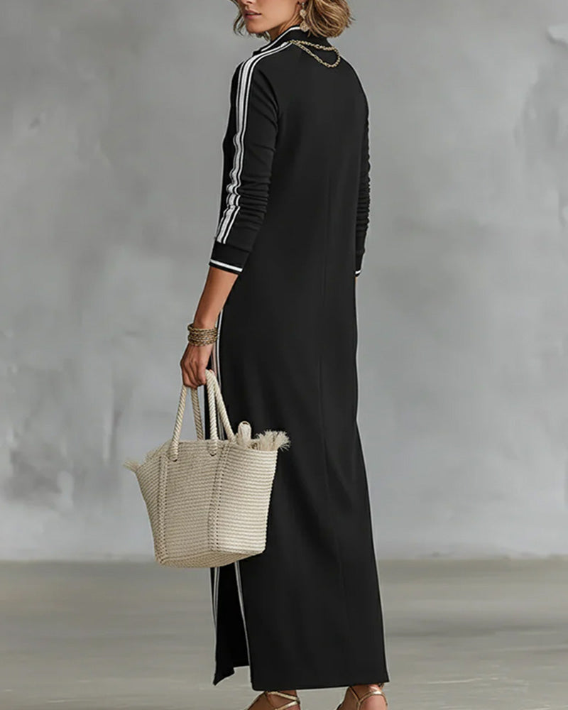 Sirilak | Maxi Dress Black Contrast Stripe Buttoned Neck