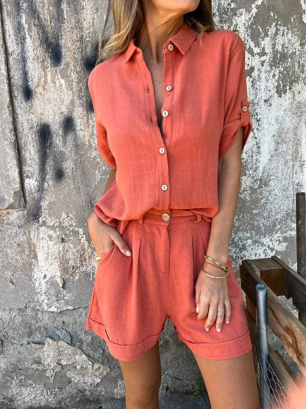 Dixie - Short Sleeve Button Front Blouse Shorts Set