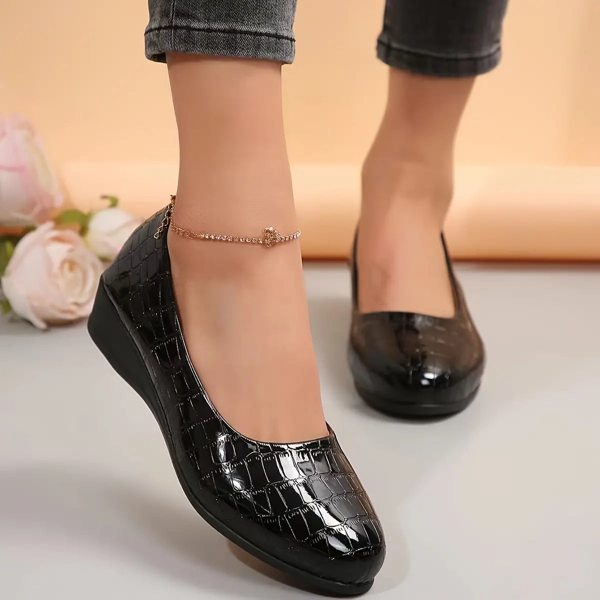 Rebekah - Wedge Heel Croc Pattern Court Shoes