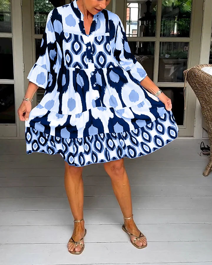 kinza | Printed V Neck Tiered Midi Dress