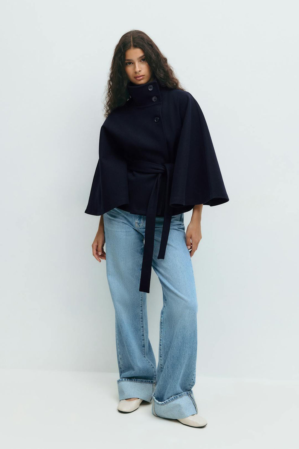 Ankica | Belted Cape Coat High Collar Button Front