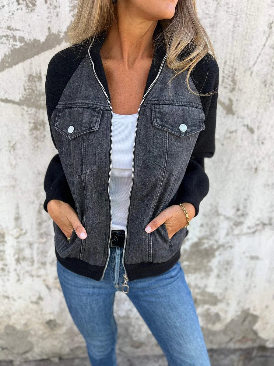 Hantika | Denim Contrast Sleeve Bomber Jacket