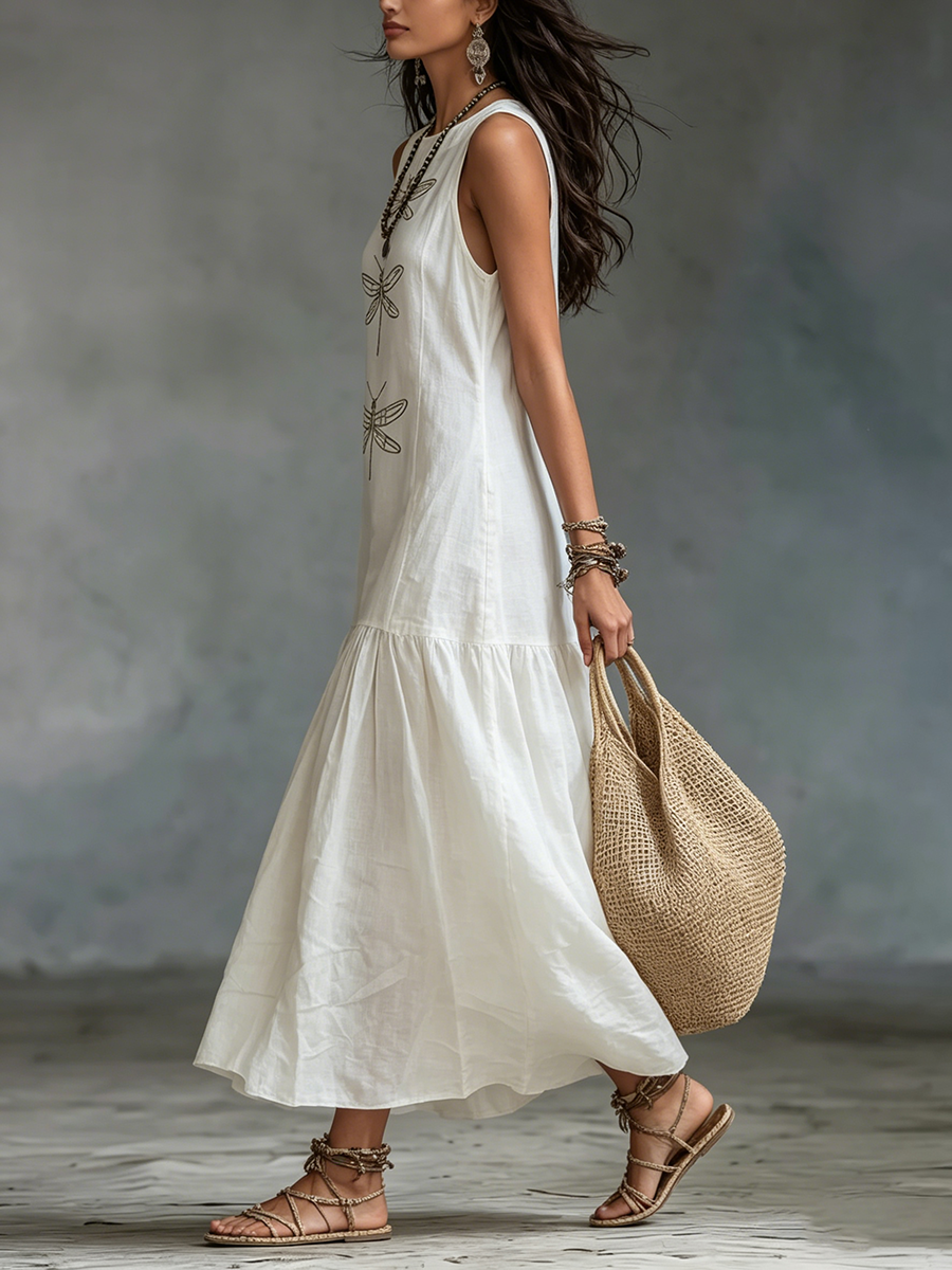 Kevina | Sleeveless Dragonfly Print Tiered Maxi Dress