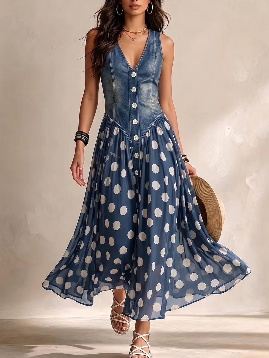 Briisa | Denim Dress with Polka Dot Chiffon Skirt