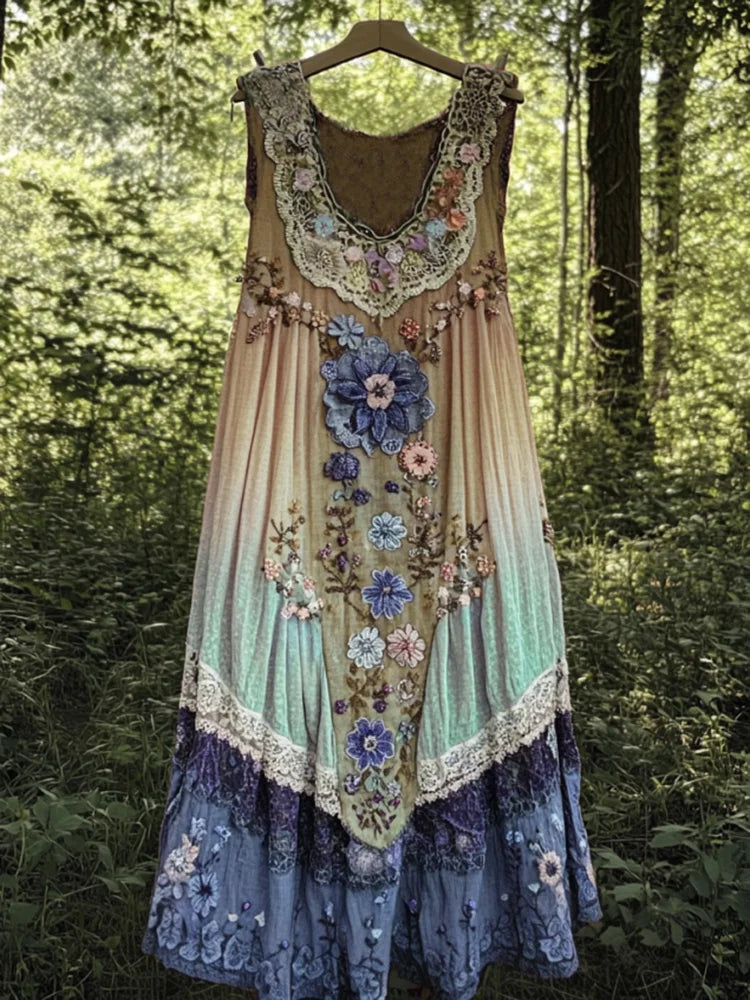Evabella | Sleeveless Patchwork Floral Midi Dress