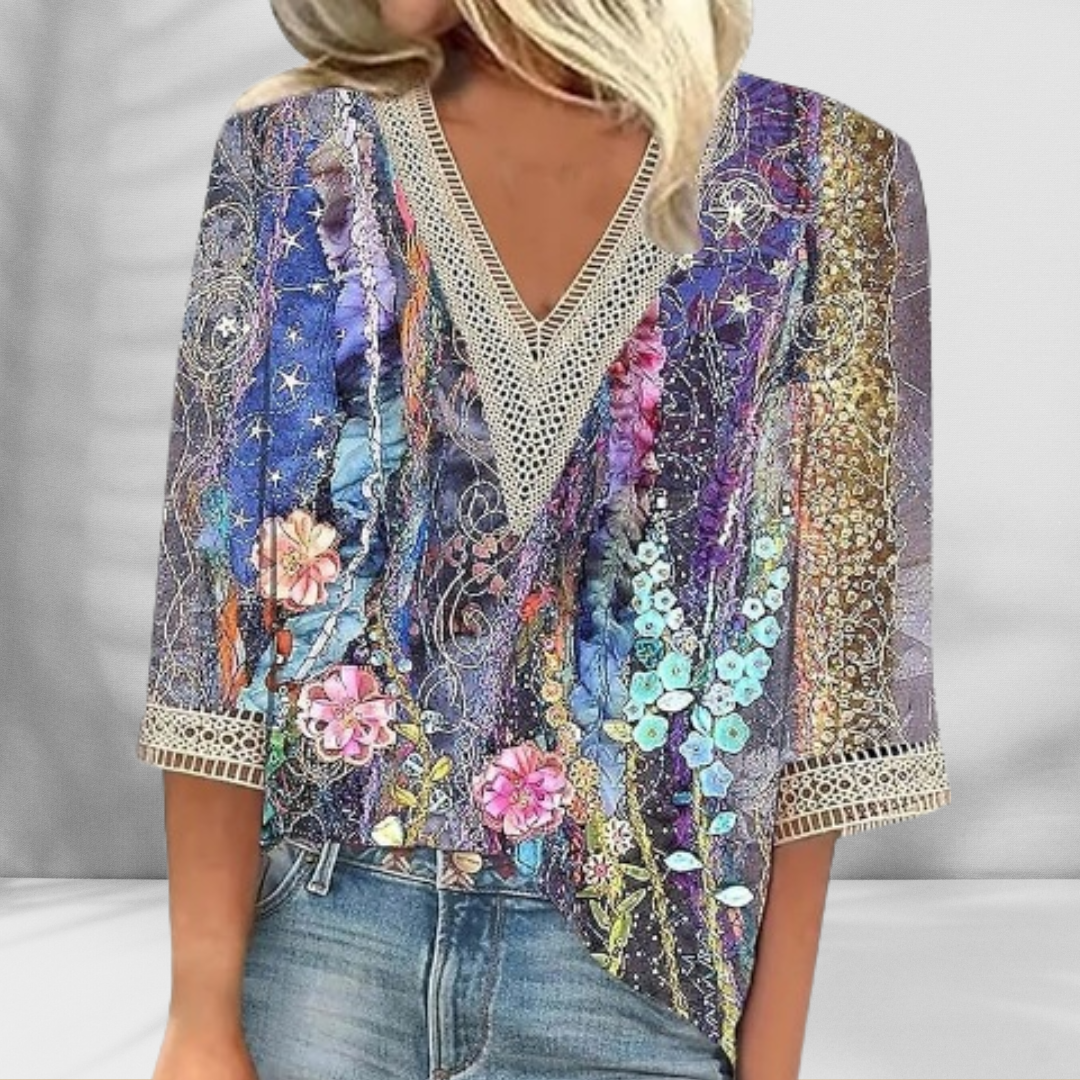 Maricela | Blouse V Neck Printed Lace Trim