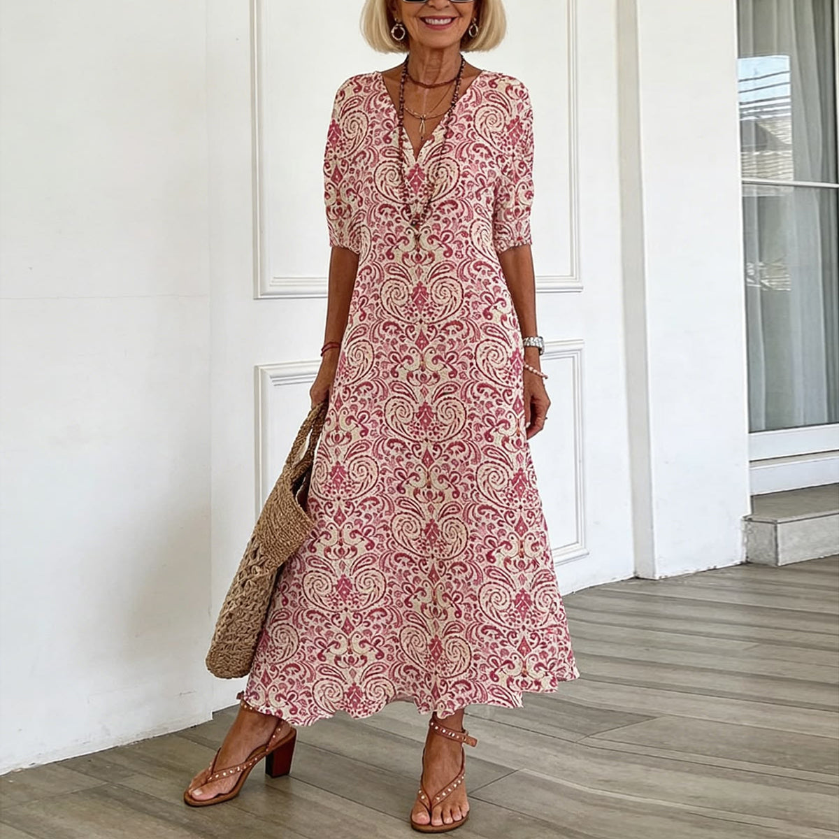 Zarmina | V-Neck Pink Paisley Midi Dress